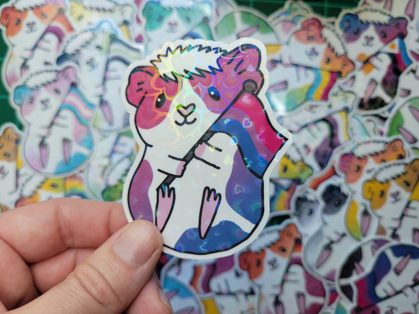 Bisexual Pride Guinea Pig Sticker | Holographic Heart Laptop Decal