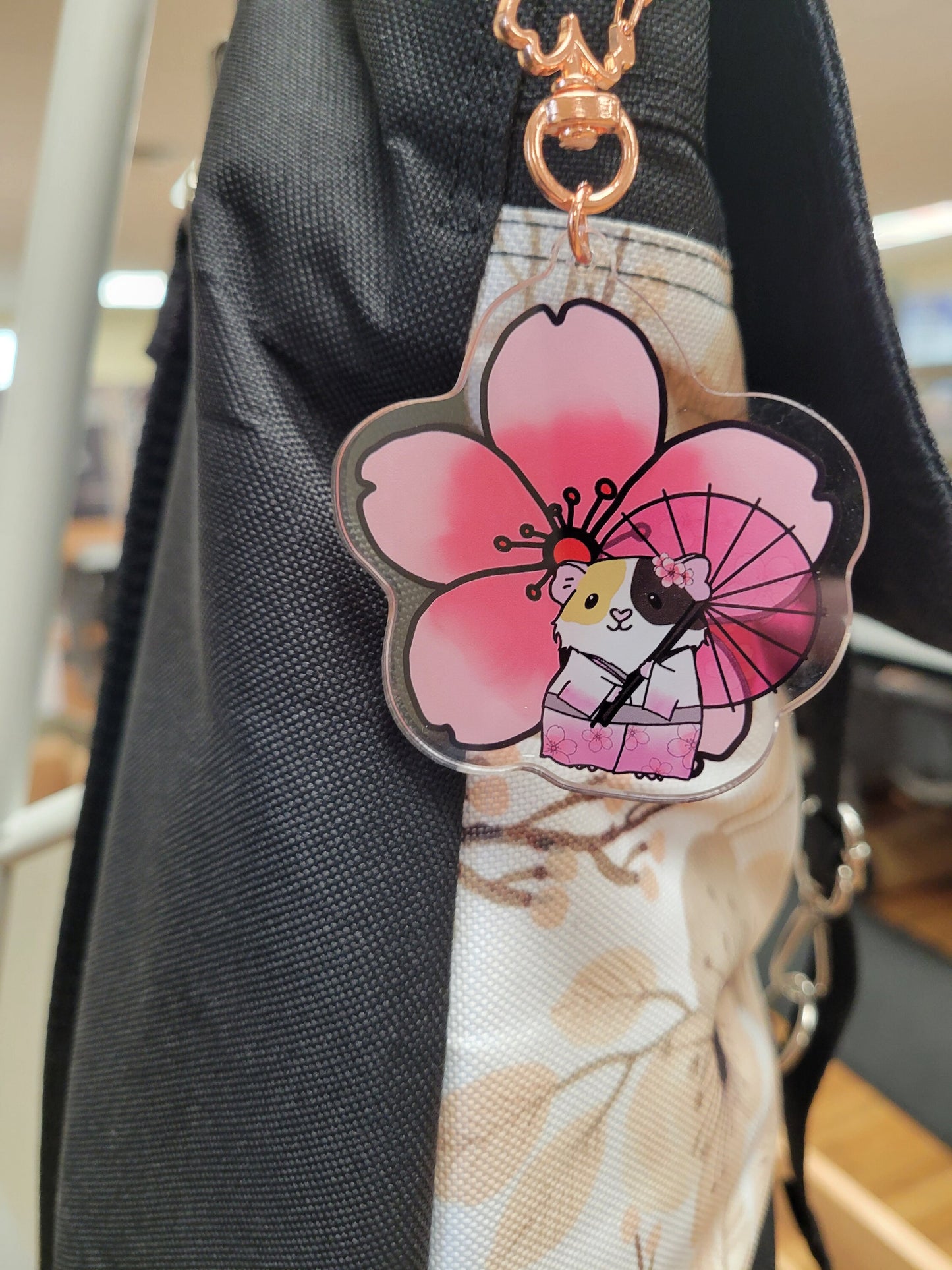 Cherry Blossom Guinea Pig Keychain | Acrylic Flower Clip