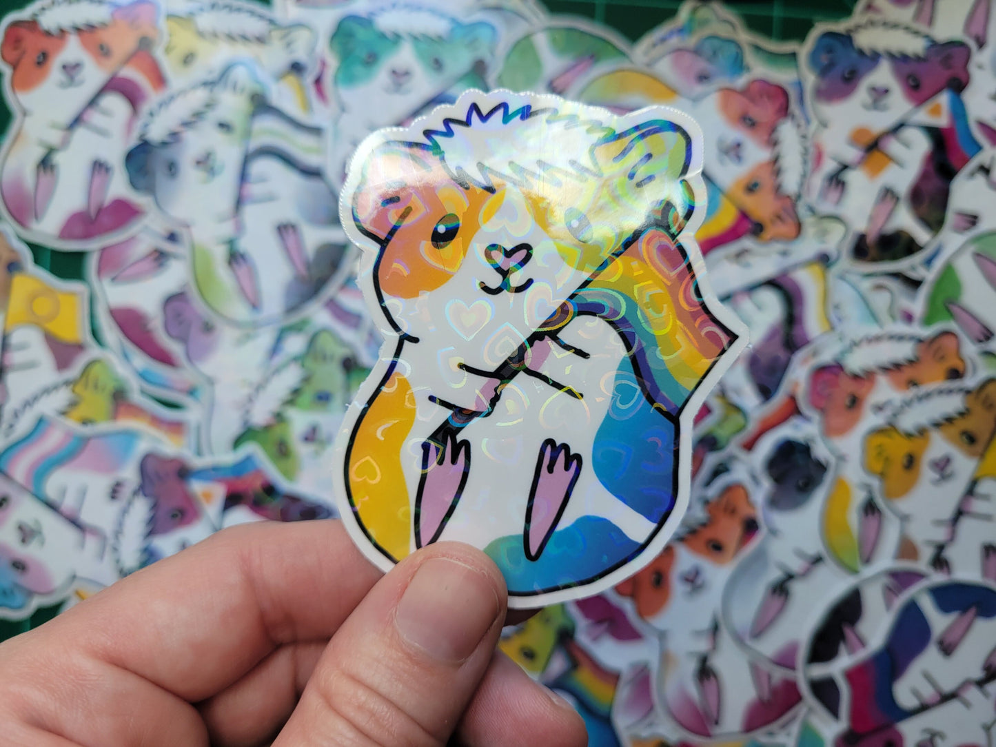 Pride Guinea Pig Sticker | Holographic Hearts, LGBTQ+ Vinyl Decal
