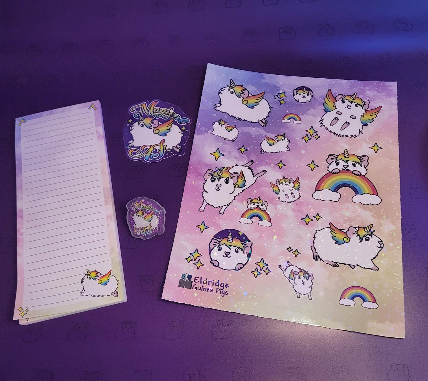 Magical AF Guinicorn Bundle – Guinea Pig Unicorn Sticker Sheet, Notepad & Acrylic Pin
