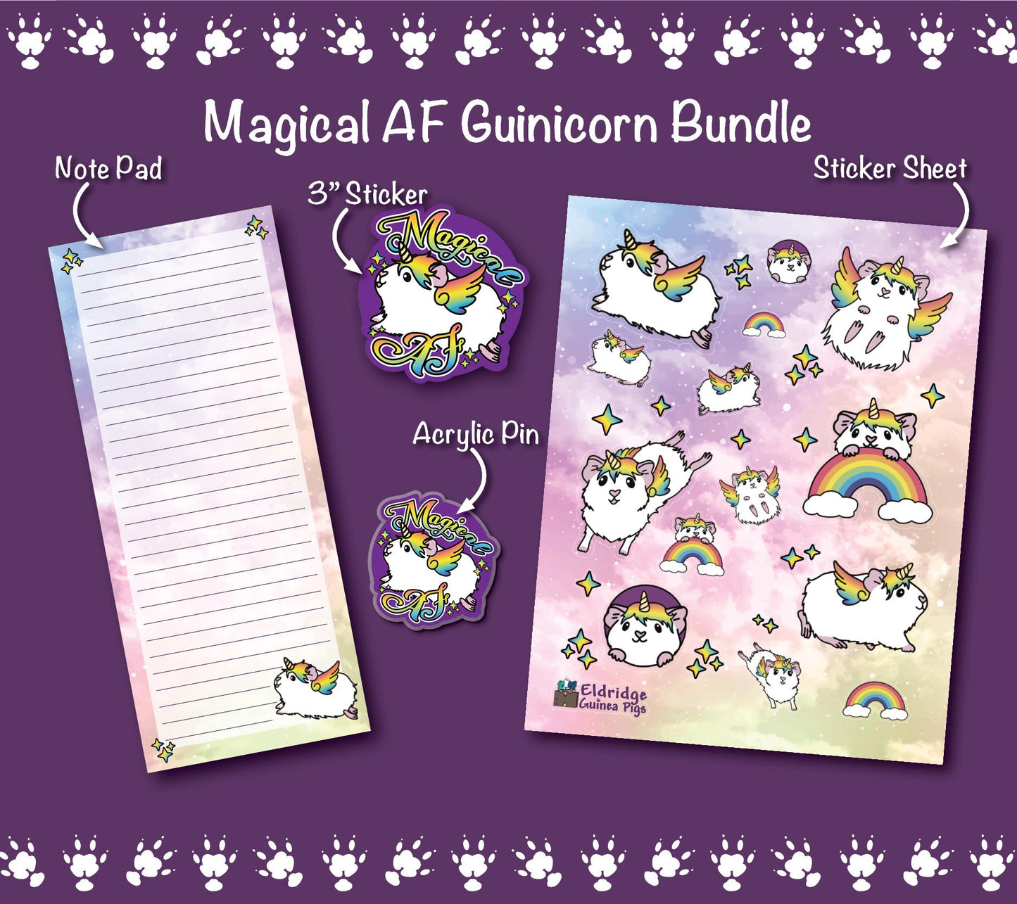 Magical AF Guinicorn Bundle – Guinea Pig Unicorn Sticker Sheet, Notepad & Acrylic Pin