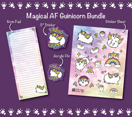 Magical AF Guinicorn Bundle – Guinea Pig Unicorn Sticker Sheet, Notepad & Acrylic Pin