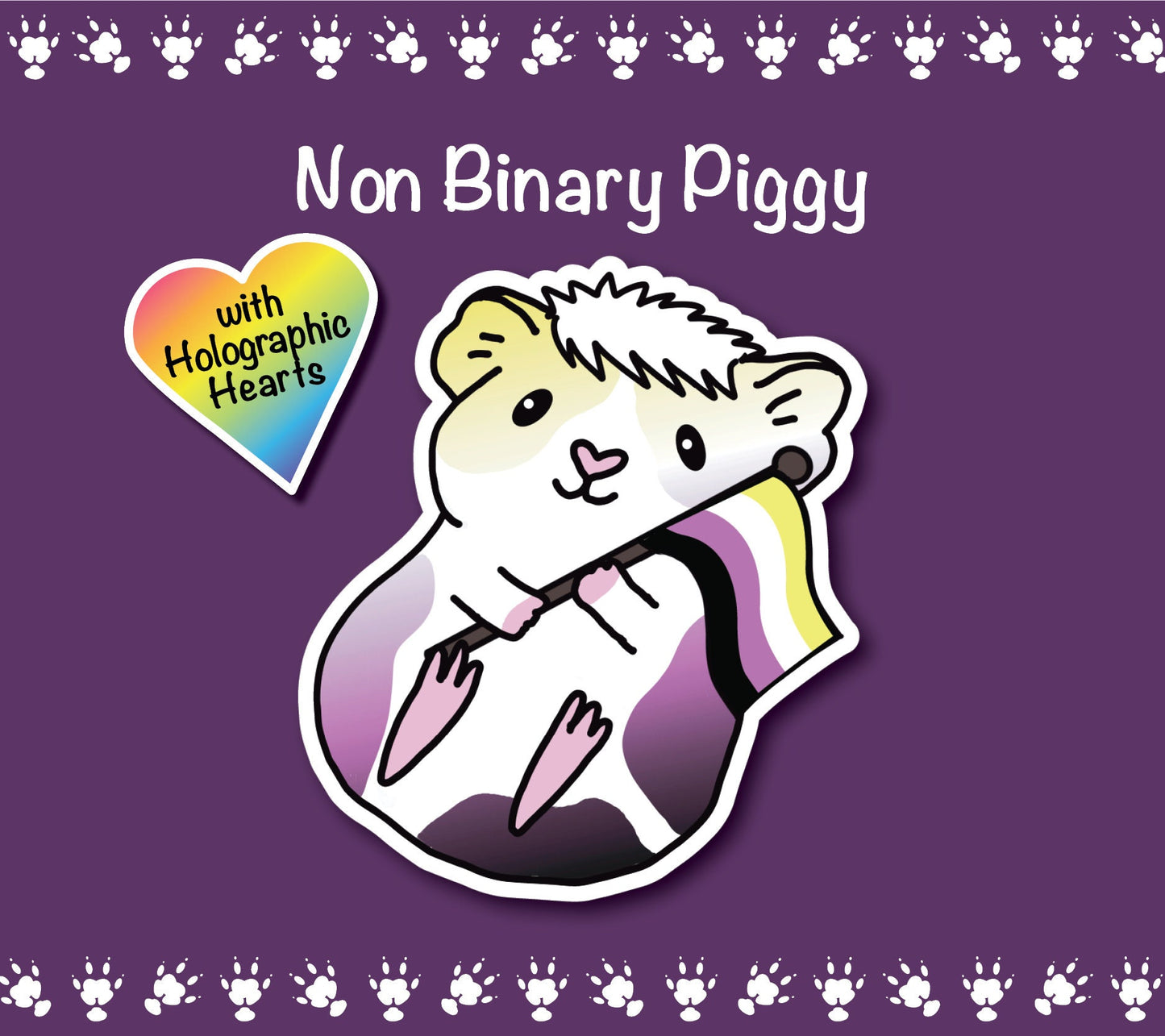 Non Binary Guinea Pig Sticker | Holographic Heart, LGBTQ+ Vinyl