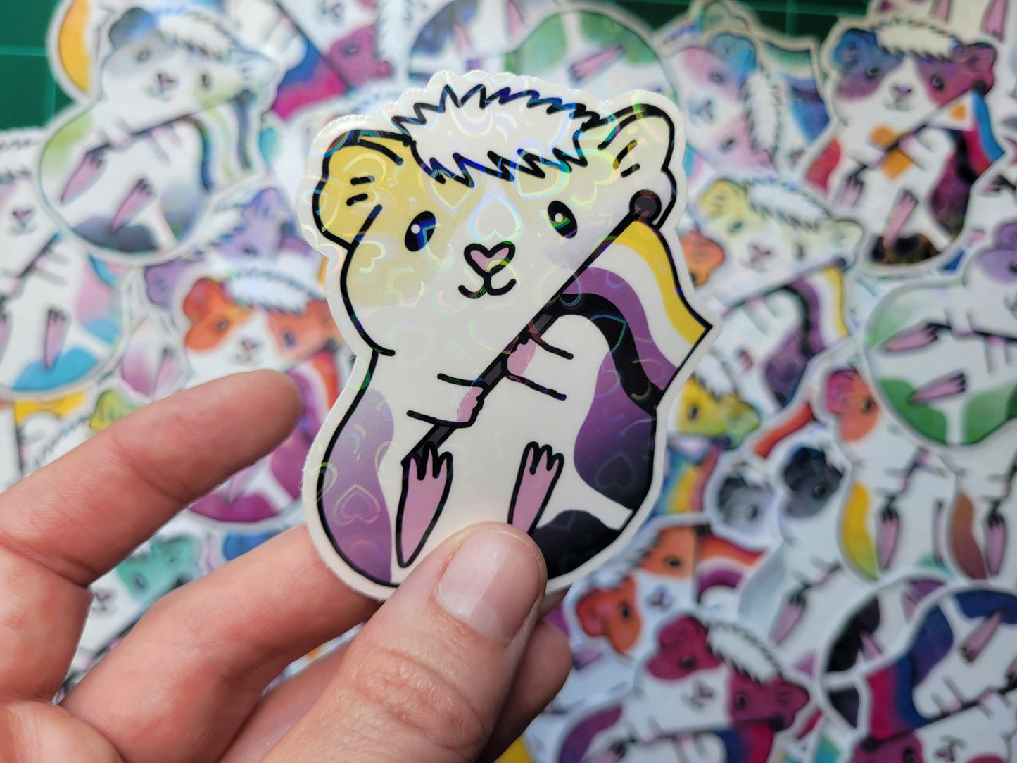 Non Binary Guinea Pig Sticker | Holographic Heart, LGBTQ+ Vinyl