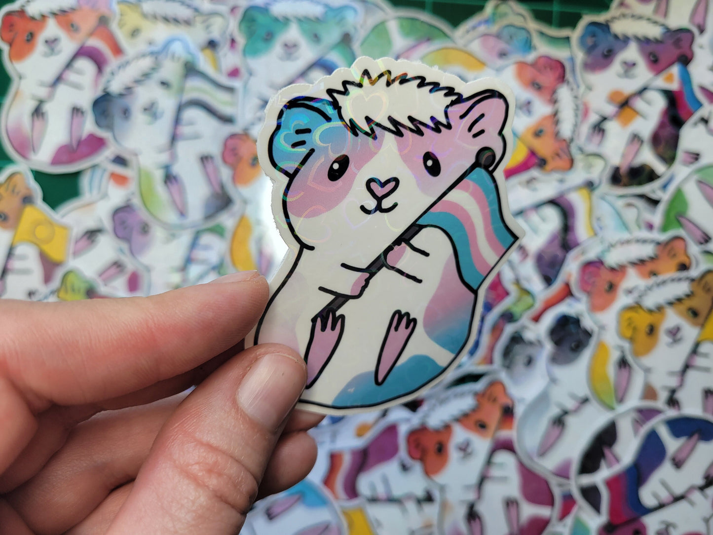 Trans Guinea Pig Sticker | Holographic Hearts, Piggy Lover Gift