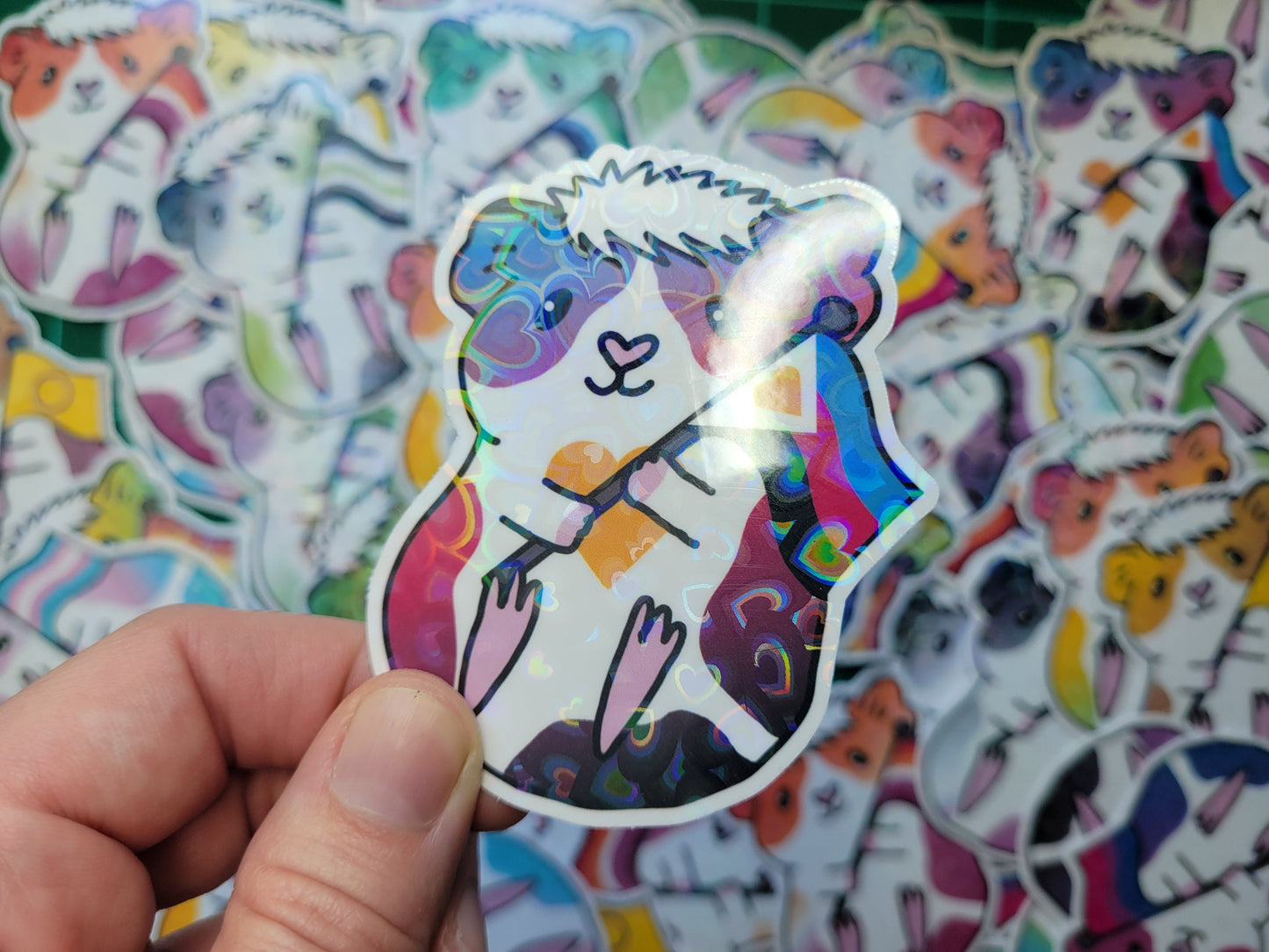 Poly Guinea Pig Sticker | LGBTQ+ Piggy, Holographic Hearts