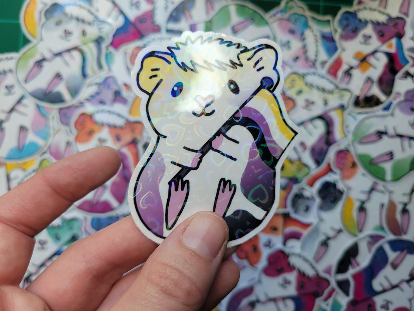 Non Binary Guinea Pig Sticker | Holographic Heart, LGBTQ+ Vinyl