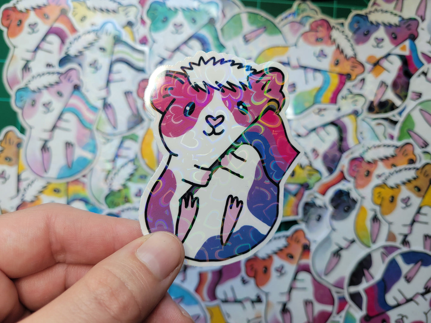 Bisexual Pride Guinea Pig Sticker | Holographic Heart Laptop Decal