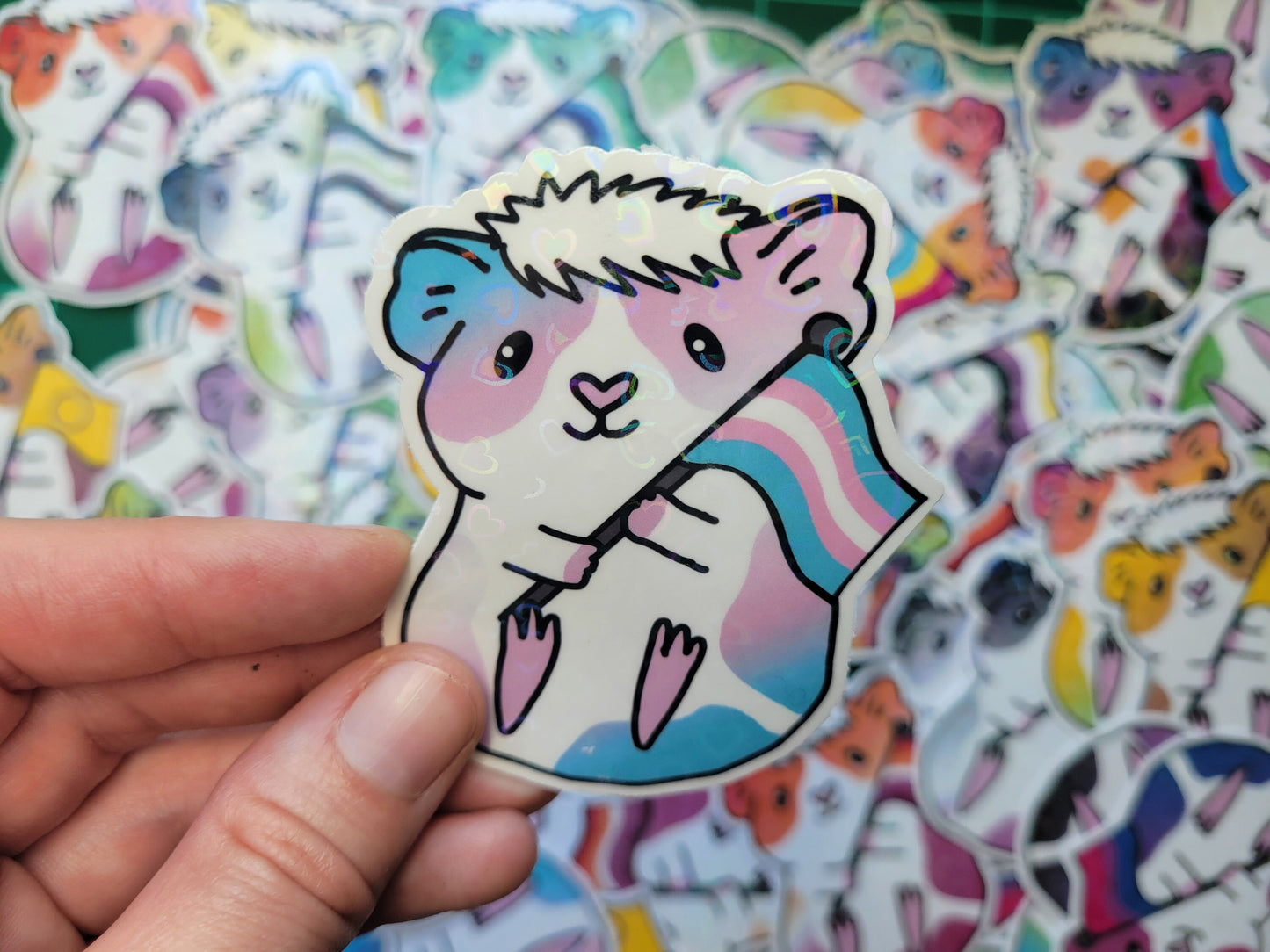 Trans Guinea Pig Sticker | Holographic Hearts, Piggy Lover Gift
