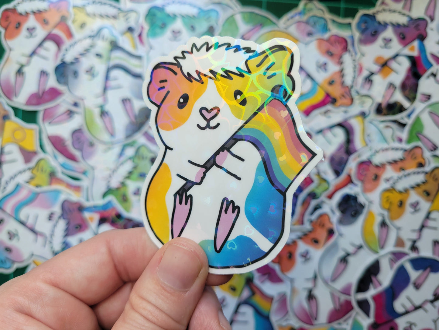 Pride Guinea Pig Sticker | Holographic Hearts, LGBTQ+ Vinyl Decal