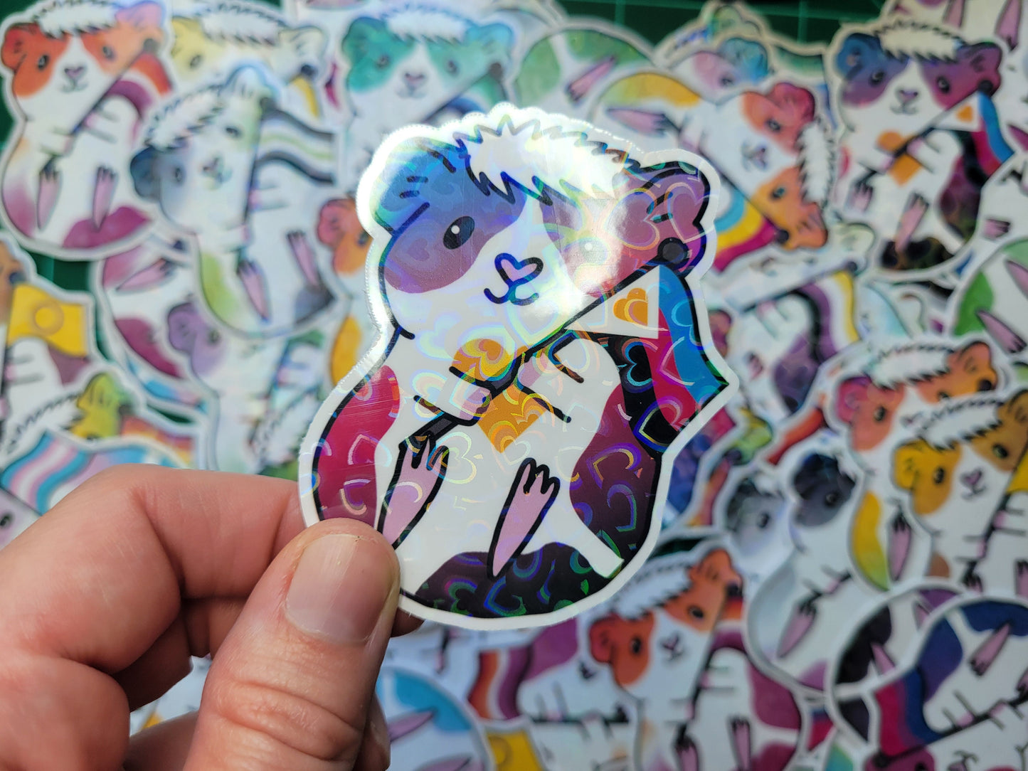 Poly Guinea Pig Sticker | LGBTQ+ Piggy, Holographic Hearts
