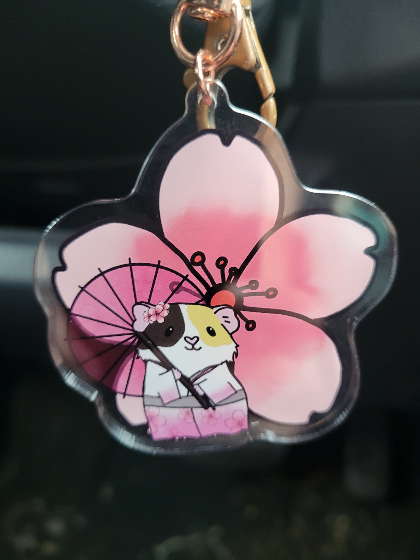 Cherry Blossom Guinea Pig Keychain | Acrylic Flower Clip