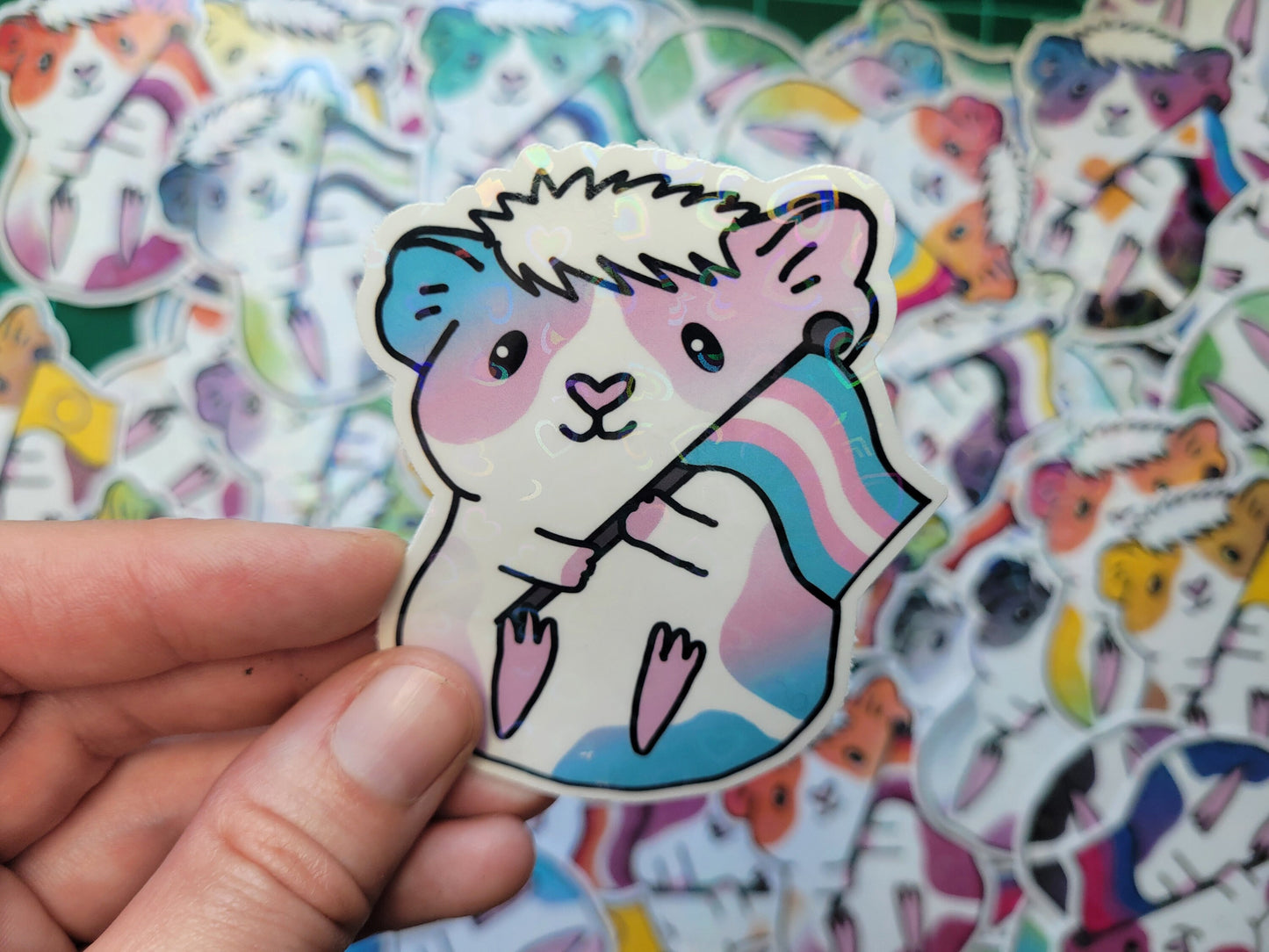 Trans Guinea Pig Sticker | Holographic Hearts, Piggy Lover Gift