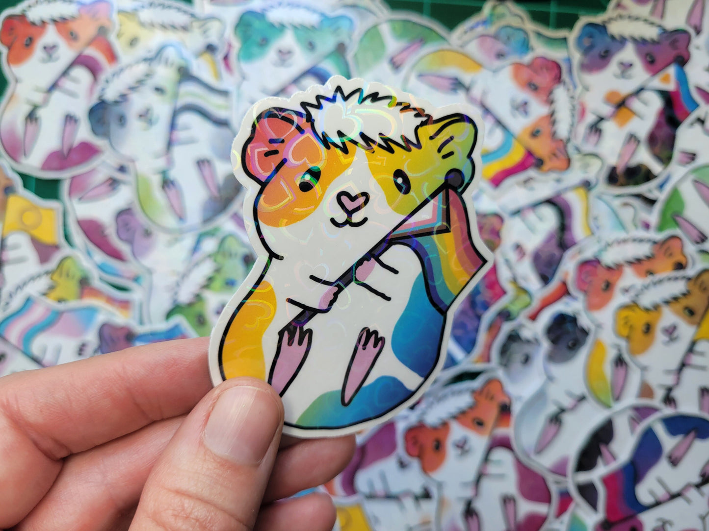 Progress Guinea Pig Sticker | LGBTQ+ Piggy, Holographic Hearts