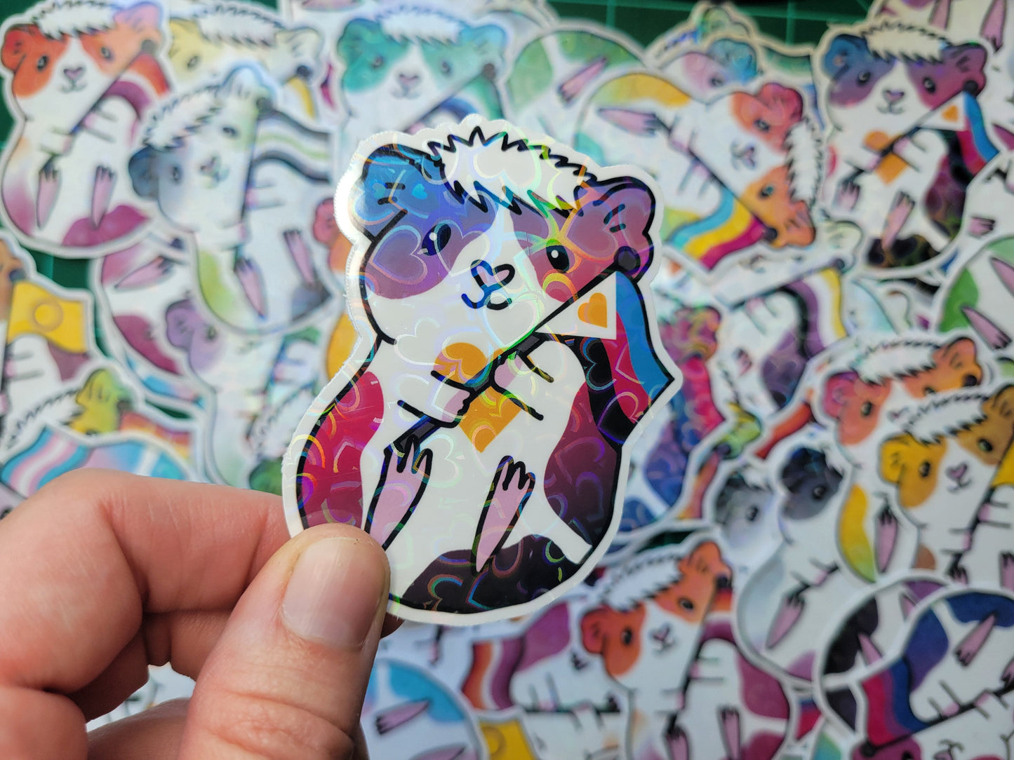 Poly Guinea Pig Sticker | LGBTQ+ Piggy, Holographic Hearts