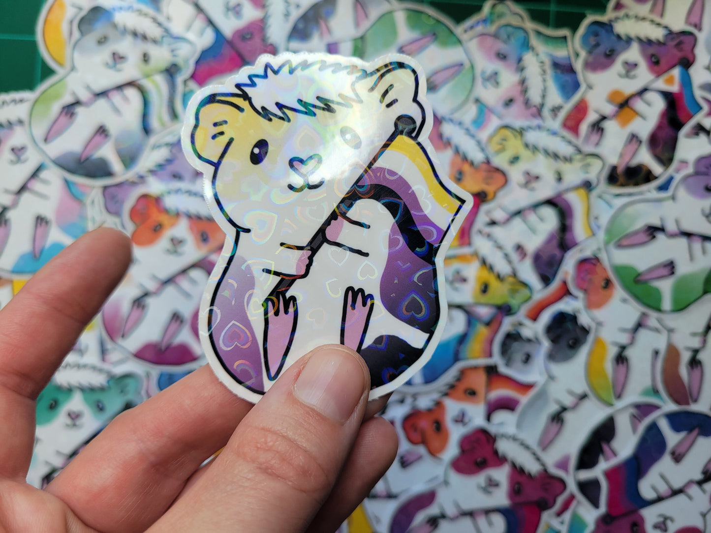 Non Binary Guinea Pig Sticker | Holographic Heart, LGBTQ+ Vinyl