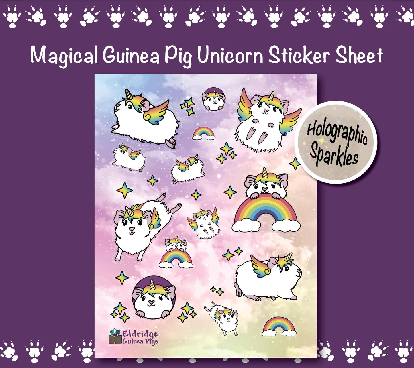Unicorn Guinea Pig Sticker Sheet | Holographic Sparkles