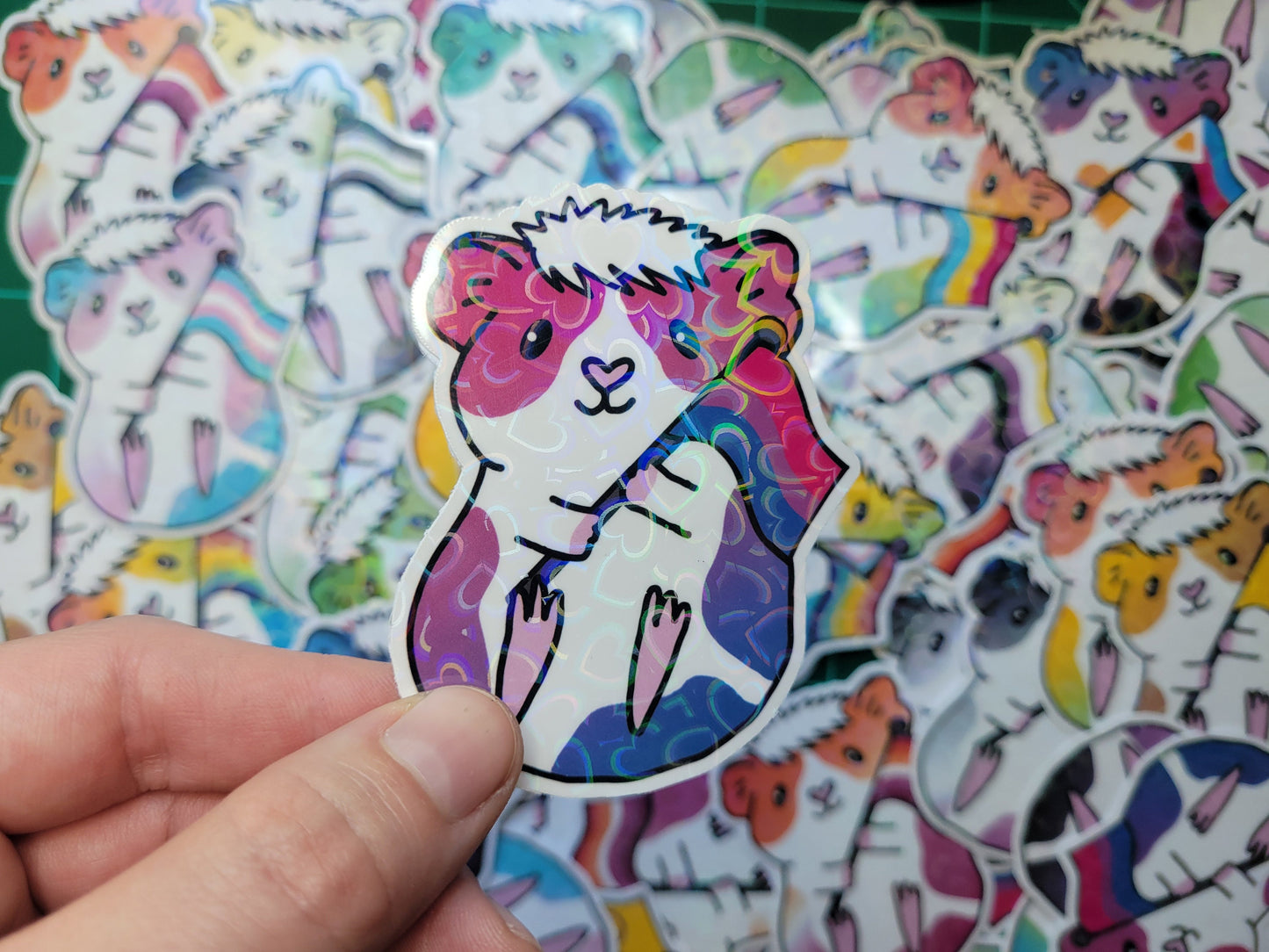 Bisexual Pride Guinea Pig Sticker | Holographic Heart Laptop Decal