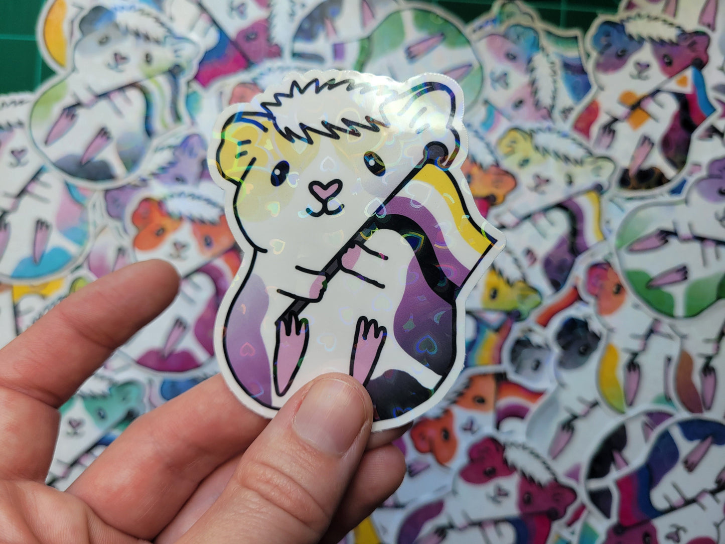 Non Binary Guinea Pig Sticker | Holographic Heart, LGBTQ+ Vinyl
