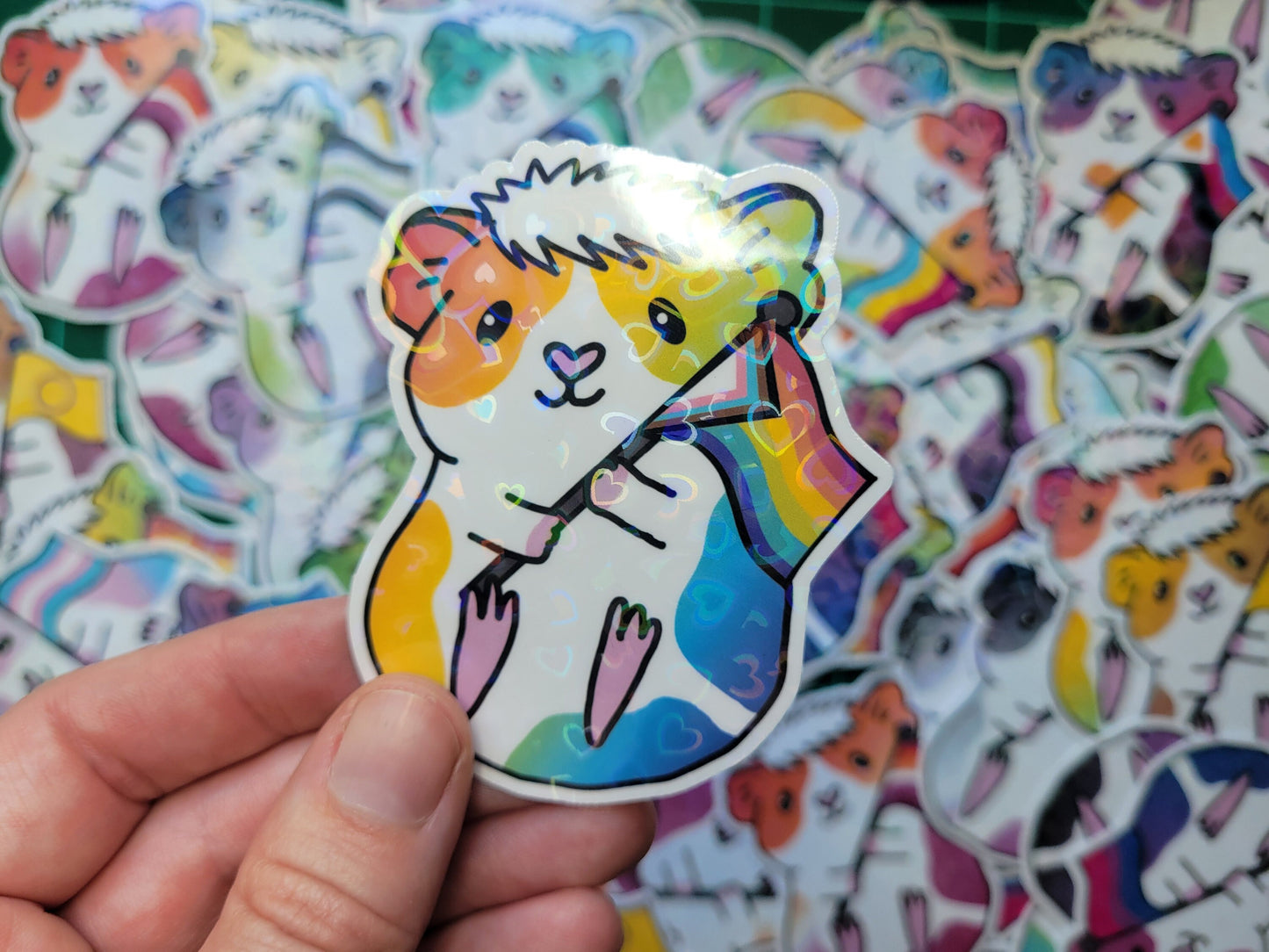 Progress Guinea Pig Sticker | LGBTQ+ Piggy, Holographic Hearts