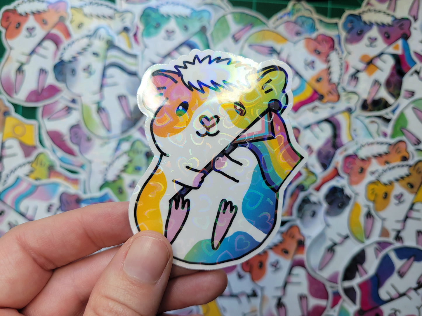 Progress Guinea Pig Sticker | LGBTQ+ Piggy, Holographic Hearts