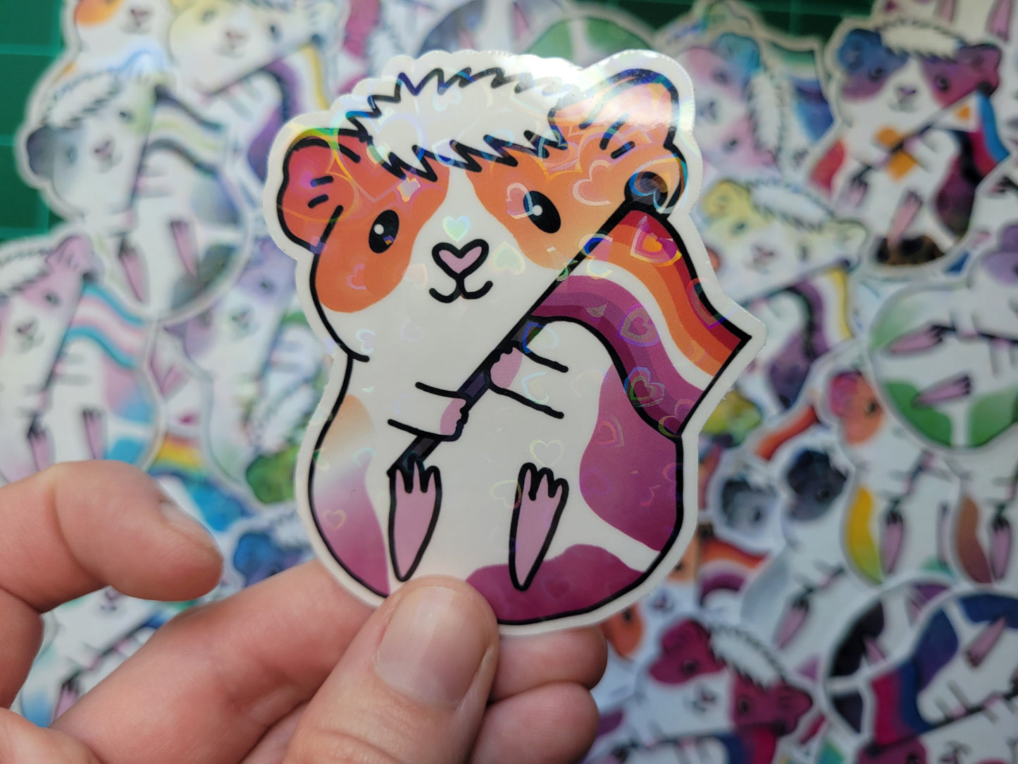 Lesbian Guinea Pig Sticker | Heart Holographic Vinyl Decal