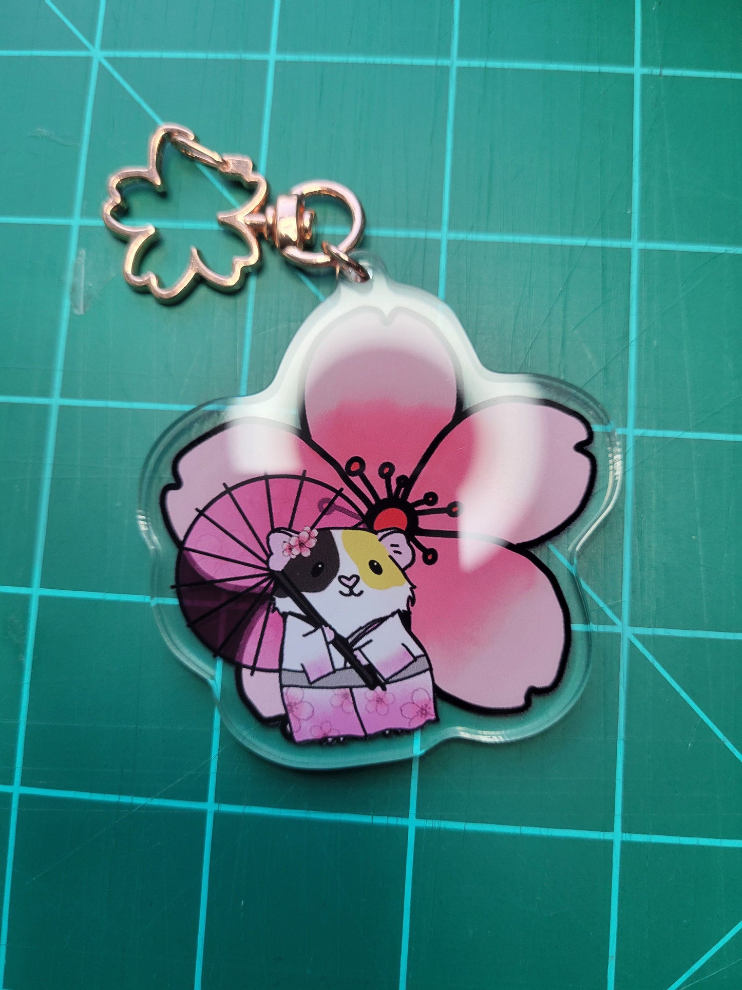 Cherry Blossom Guinea Pig Keychain | Acrylic Flower Clip