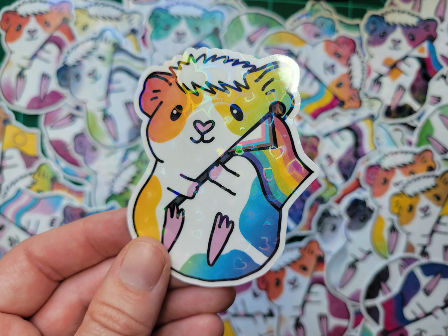 Progress Guinea Pig Sticker | LGBTQ+ Piggy, Holographic Hearts