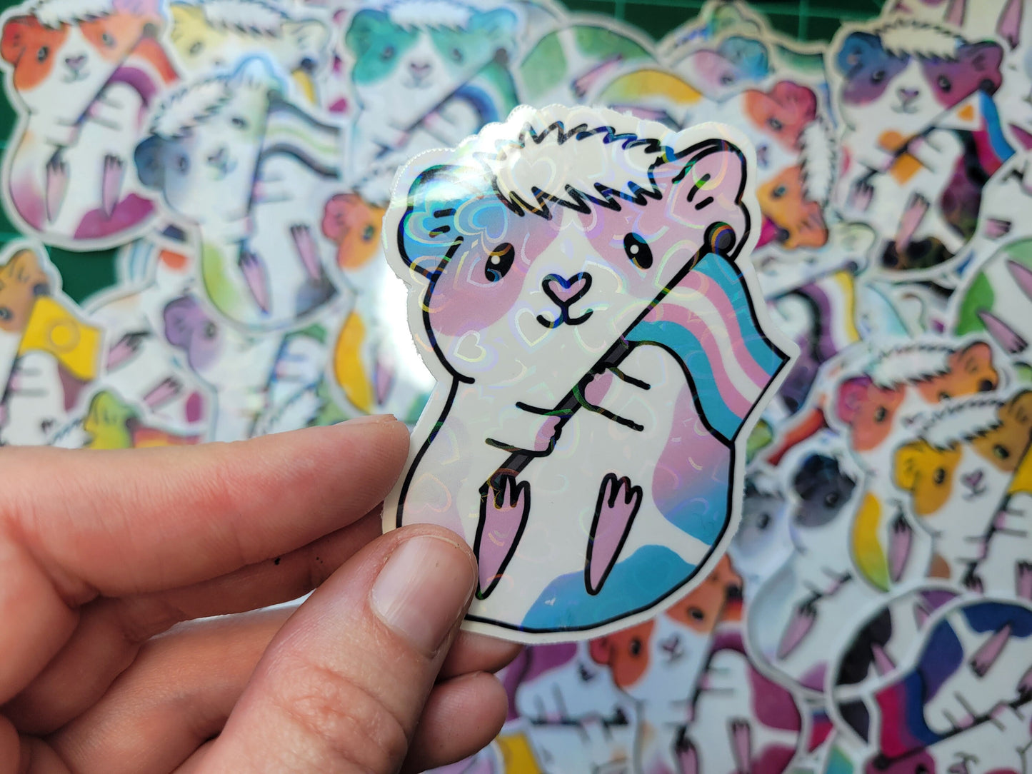 Trans Guinea Pig Sticker | Holographic Hearts, Piggy Lover Gift