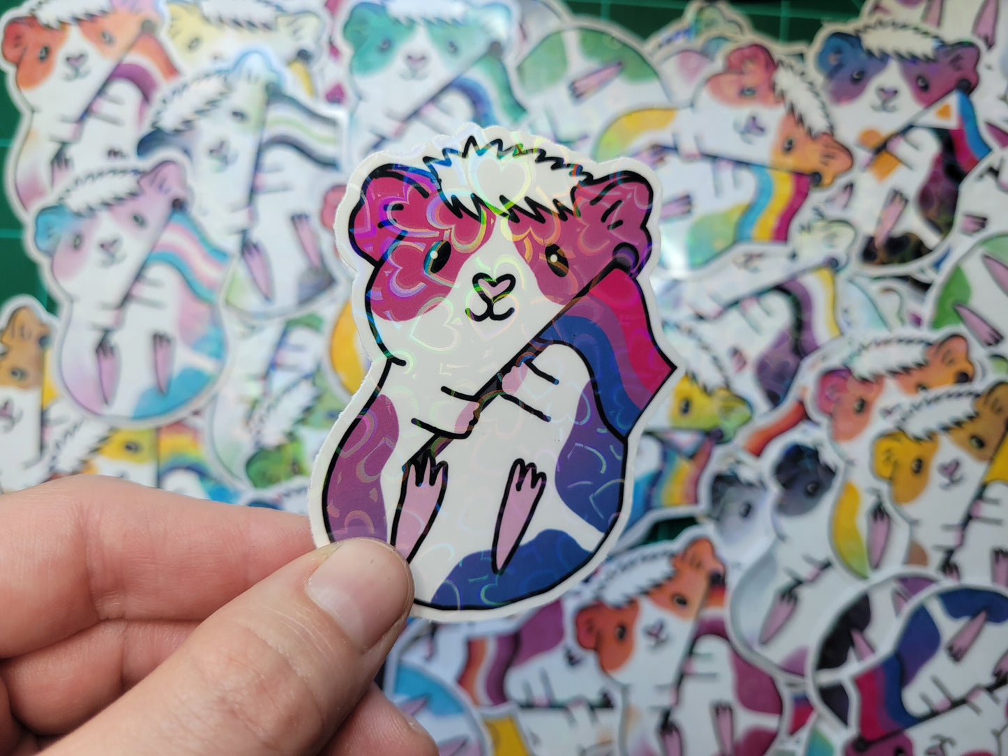 Bisexual Pride Guinea Pig Sticker | Holographic Heart Laptop Decal