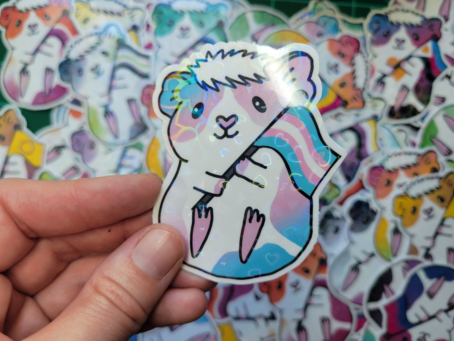 Trans Guinea Pig Sticker | Holographic Hearts, Piggy Lover Gift