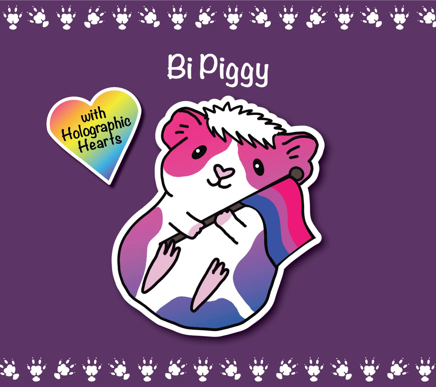 Bisexual Pride Guinea Pig Sticker | Holographic Heart Laptop Decal