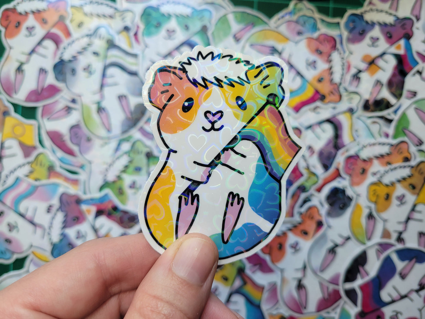 Pride Guinea Pig Sticker | Holographic Hearts, LGBTQ+ Vinyl Decal