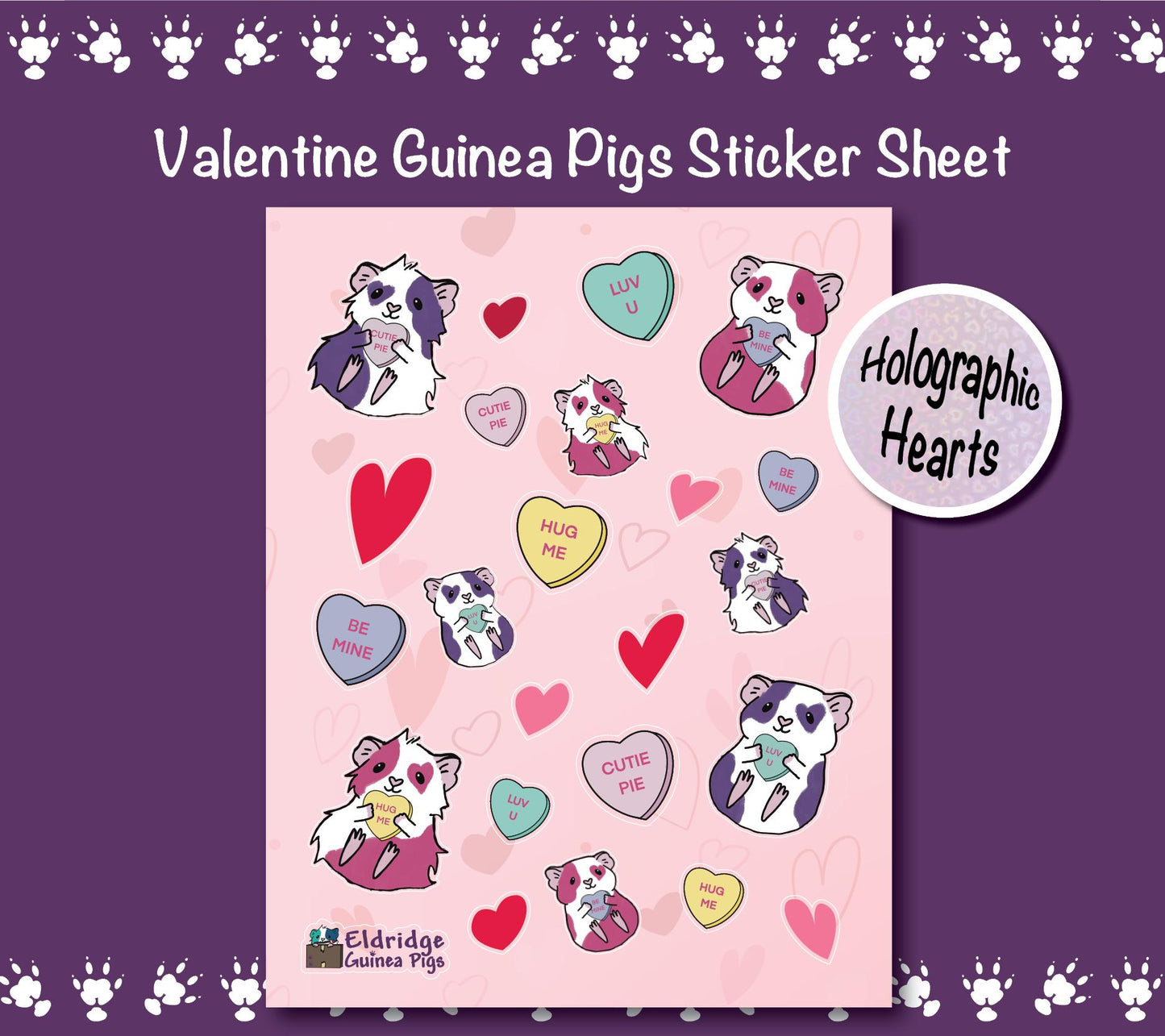 Valentine Guinea Pigs Sticker Sheet | Holographic Hearts